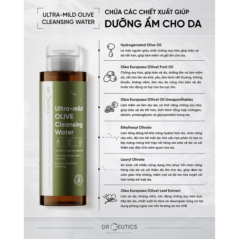 Nước Tẩy Trang Làm Sạch Dịu Nhẹ Drceutics Ultra-Mild Olive Cleansing Water 500ml
