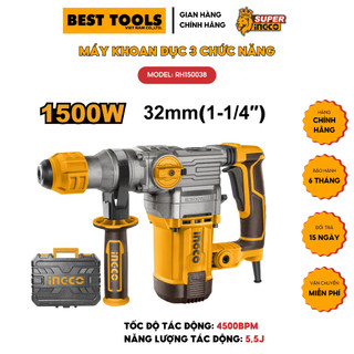 Máy khoan đục 3 chức năng ingco rh150038, công suất 1500w, tặng kèm 3 mũi khoan và 2 mũi đục.
