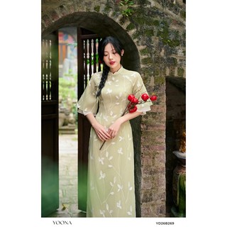 Bộ áo dài thiết kế ngắn tay màu xanh cốm họa tiết hoa trắng YOONA - YD26B269