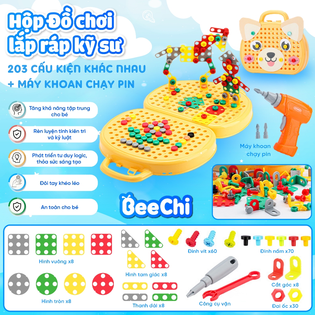 Vali Đồ Chơi Kỹ Sư Lắp Ráp BeeChi - Đồ chơi lego vặn ốc vít - Bản Cao Cấp 2023 Có Khoan Điện
