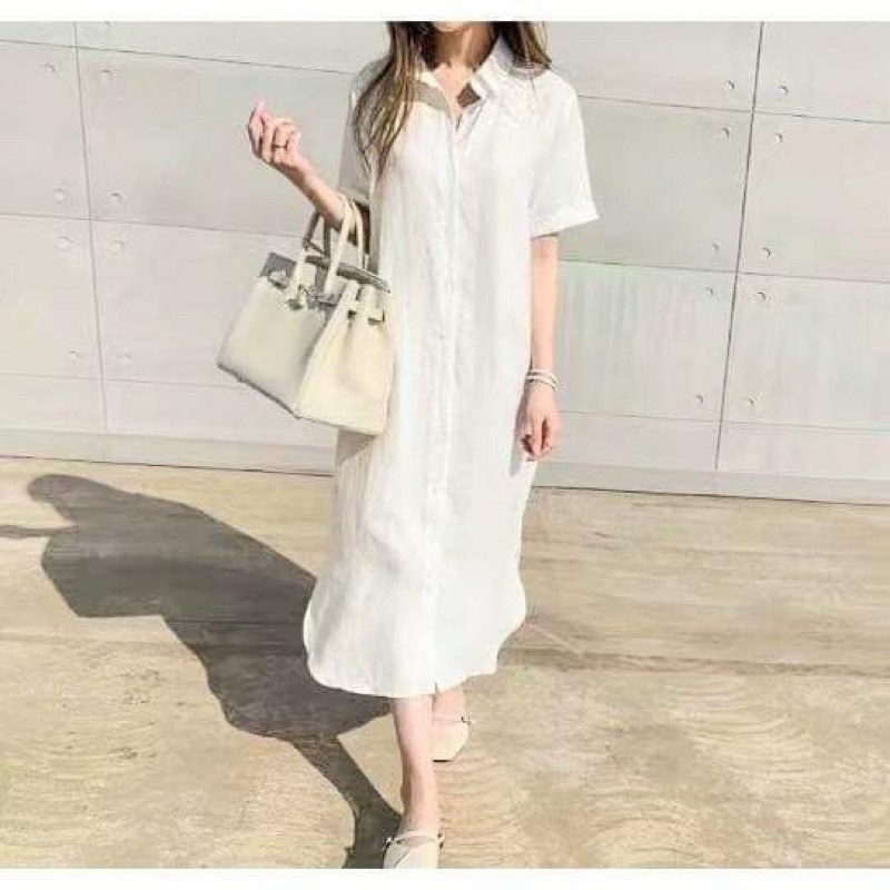Đầm midi sơ mi Forever 21 đũi basic màu trắng tay ngắn trơn