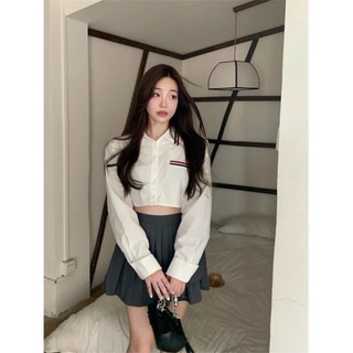 Áo Sơ Mi Tay Dài Croptop Có Sọc Ngắn Đen Trắng Phía Trước Shop Tiến Linh