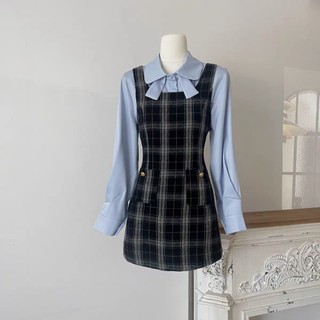 (ORDER) Váy yếm dạ kẻ sọc caro màu xanh xám dáng A line + Áo sơ mi  màu xanh dương hàng Quảng Châu loại 1