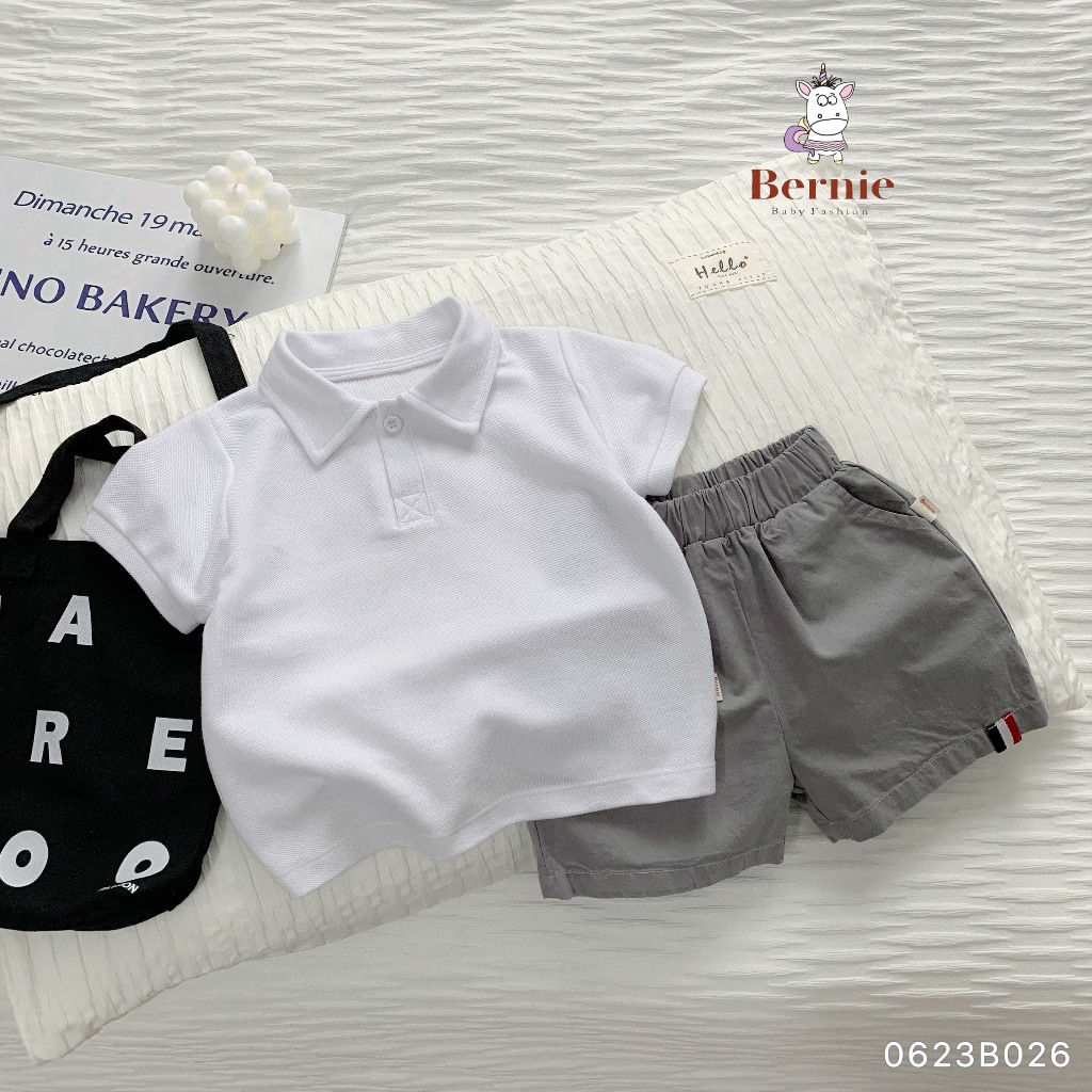 Bộ cộc tay bé trai áo polo quần kaki màu trơn Bernie - Bộ bé trai mùa hè đi chơi đi học cho bé 9-22kg- 0623B026