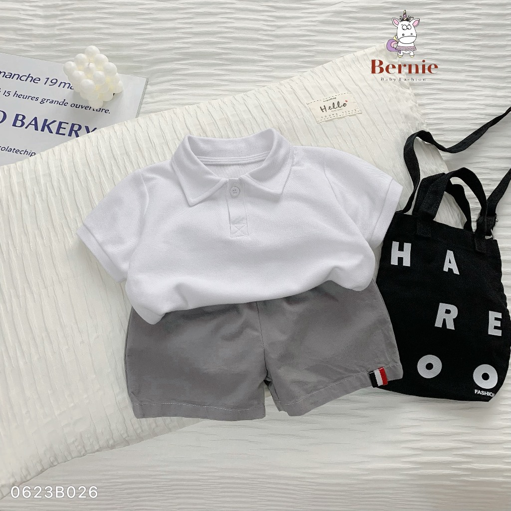 Bộ cộc tay bé trai áo polo quần kaki màu trơn Bernie - Bộ bé trai mùa hè đi chơi đi học cho bé 9-22kg- 0623B026