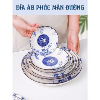 Dĩa tròn ảo gốm sứ hoa văn 4d chữ phúc - size 5,6,7,8,9