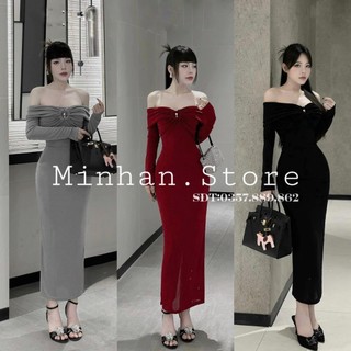 Váy Body Trễ Vai Dáng Dài Sang Trọng Chất Nhũ 2 Lớp Nhún Ngực Tay Dài Hàng QC Cao Cấp Siêu Chuẩn Form Mẫu