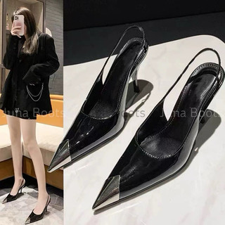 Giày cao gót da bóng mũi bạc Slingblack cao cấp - giày cao gót mũi nhọn quai mảnh gót 6cm và 9cm Rose