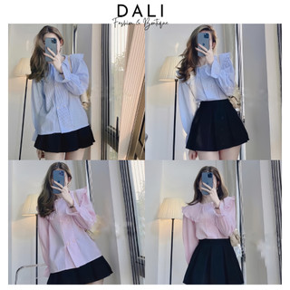 Áo Sơ Mi Cổ Bèo Tay Loe Dáng Babydoll Chất Liệu Kẻ Xốp Đính Cúc Ngọc Dáng Tiểu Thư