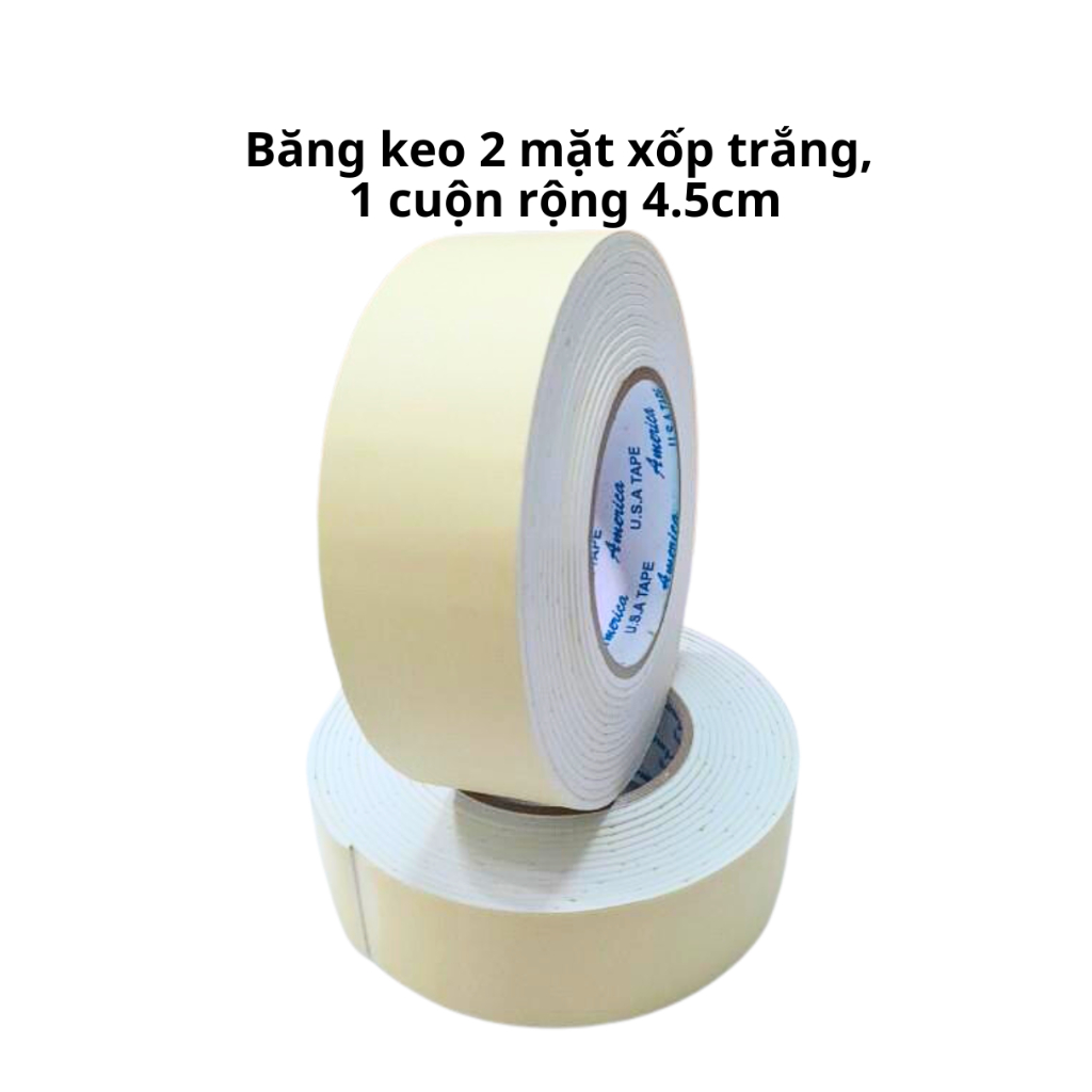 1 Cuộn băng keo 2 mặt xốp trắng, rộng 4,5cm - dày 3mm - dài 6 mét, lõi giấy 3mm - Tân An An