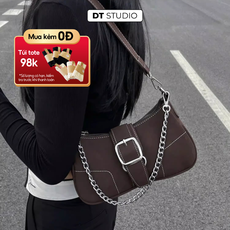 Túi đeo vai y2k da lộn túi sát nách dây xích túi xách nữ retro cao cấp DT016