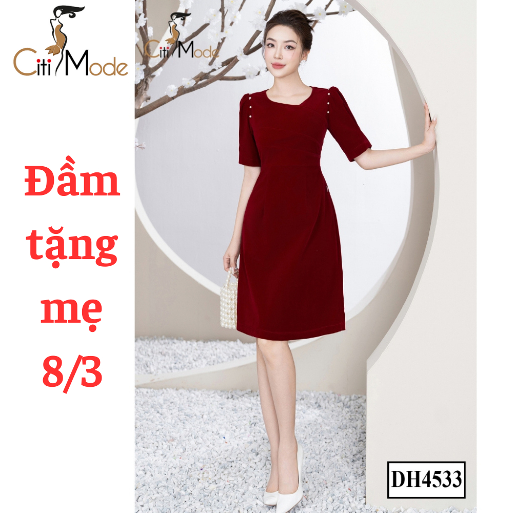 Đầm công sở CITI MODE FASHION thiết kế dáng A nhung đỏ ly ngực đính cúc vai DH4533