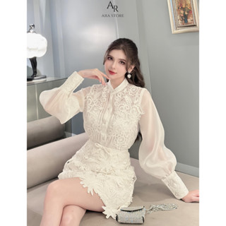 Ara - Áo sơ mi tơ dệt ren 3D thiết kế dài tay cổ tròn Adore Top Al52