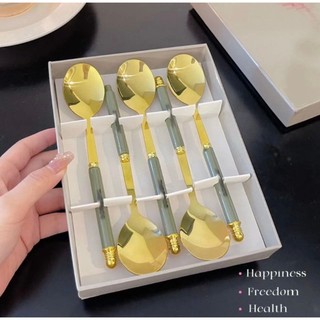 Hôp 5 thìa inox vàng cán sứ xanh sang trọng thẻmos ,set 5 thìa cán dai