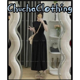 Đầm maxi cổ tròn chất tơ xòe bồng dáng dài tay ngắn nhún eo xinh xắn cho nữ - Chuchaclothing