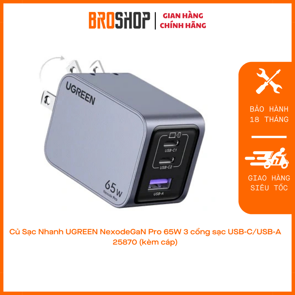 Củ Sạc Nhanh UGREEN NexodeGaN Pro 65W 3 cổng sạc USB-C/USB-A 25870 (kèm cáp)
