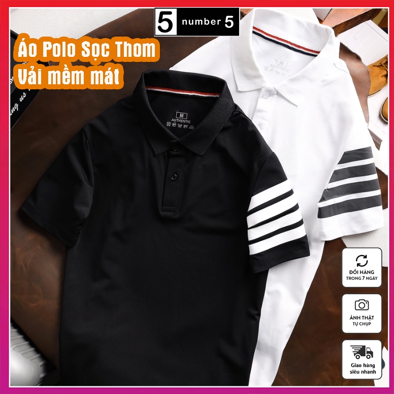 Áo Polo Thom Nam Nữ Họa Tiết 4 Vạch Tay, Vải Cá Sấu Co Dãn, Thoáng Mát