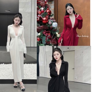 Đầm body cổ V xẻ sâu tay dài nhún eo thanh lịch quyến rũ cho nữ - thun ladong