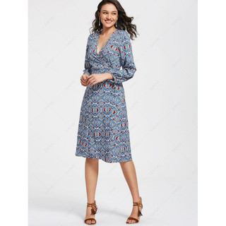 Thanh lý pass đầm váy midi ngang gối tay dài váy đắp cổ V xẻ tà Za ra Z@ra Zar* họa tiết hoa xanh size S auth chính hãng