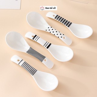 Thìa sứ, muỗng ăn súp hoạ tiết đen trắng hiện đại, thìa sứ, muỗng sứ, thìa muỗng sứ phong cách bắc âu, muôi sứ