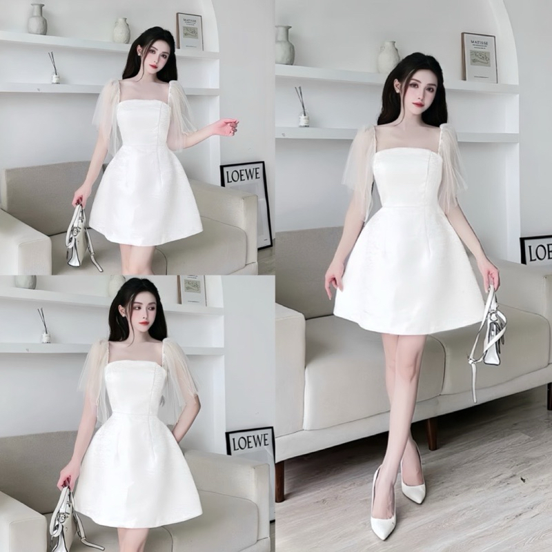 Váy dự tiệc xoè chữ A cổ vuông phối tay voan chất tafta màu trắng, Đầm tiểu thư công chúa đi chơi đám cưới sang chảnh