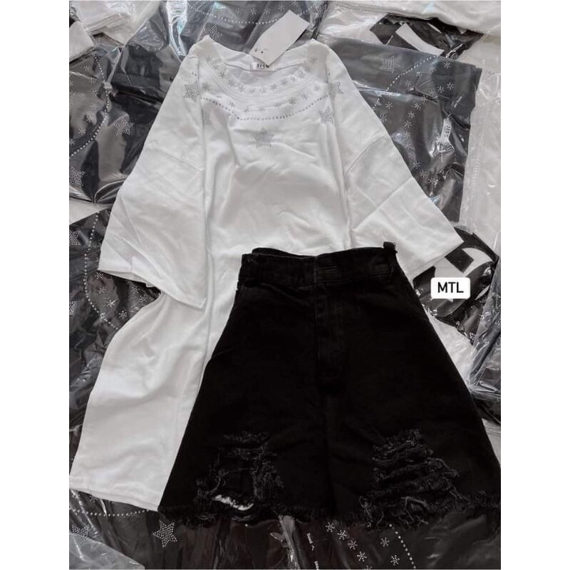 Set bộ áo thun sao in nhũ mix quần jean rách