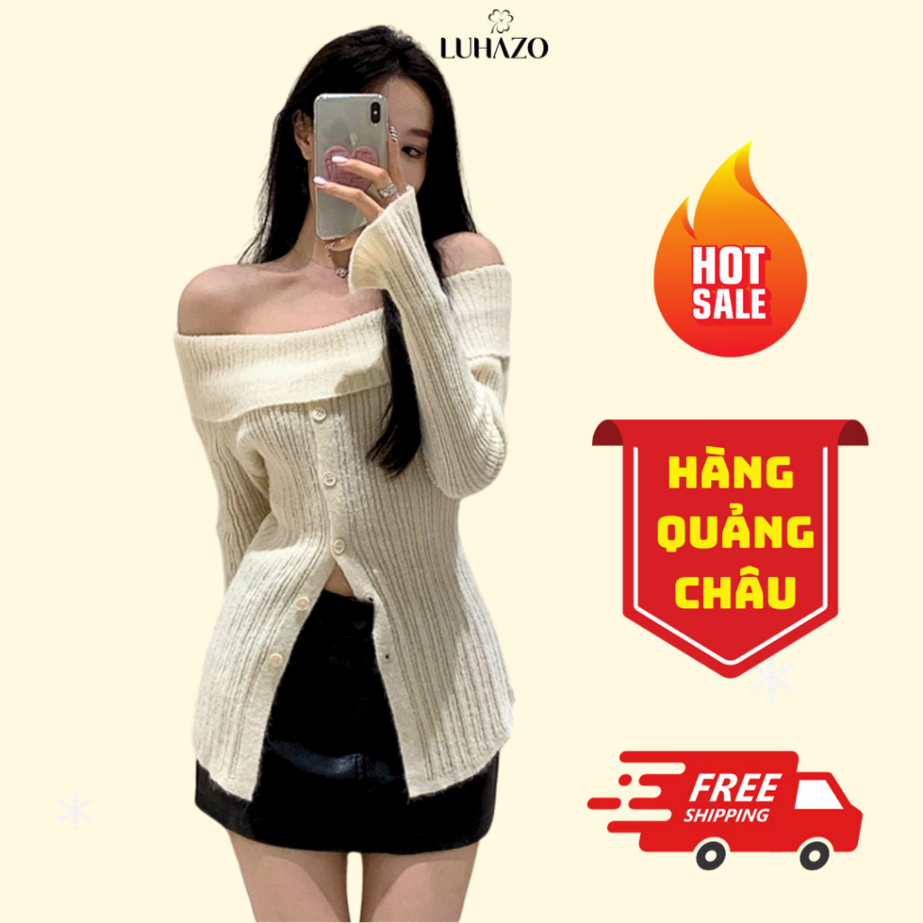 Áo len dài tay LUHAZO dệt kim cho nữ thiết kế hở vai bẹt vai sexy chất mongtoghi len tăm đính cúc giữa xẻ tà M126 N-10