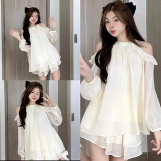 Sét áo babydoll cổ yếm khoét vai tay bồng kèm quần short chất voan tơ 2 lớp, Áo nữ kiểu trễ vai tiểu thư đi chơi dự tiệc