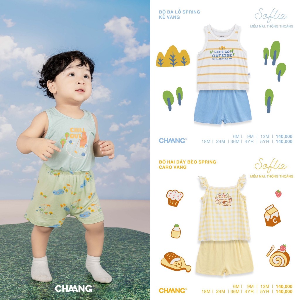 [CHÍNH HÃNG] Bộ quần áo ba lỗ/hai dây trẻ em họa tiết Spring Chaang