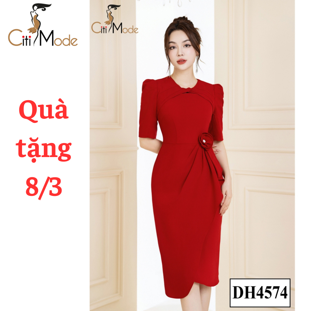 Đầm công sở CITI MODE FASHION thiết kế dáng ôm đỏ phối hoa eo cổ cách điệu DH4574