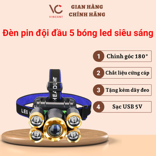 Đèn pin đội đầu mini siêu sáng 5 led Kèm dây đeo đầu, sạc USB 5V Pin Siêu Tiện Lợi