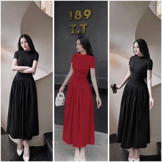 Đầm cổ tròn tay ngắn nhún phom dài dáng xoè chất gân tăm thái mềm mát mịn