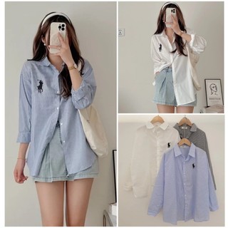 Áo Sơ Mi Nữ Kẻ Sọc Thêu Logo Ngựa Dài Tay From Rộng Nhiều Màu, Labibi