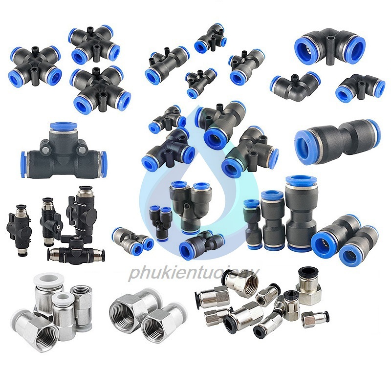 Tổng hợp các phụ kiện khớp nối phun sương, khí nén hơi hơi, khớp nối nhanh Tê 8mm, Co 8mm, nối thẳng, chia 4 ... ống 8mm