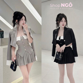 Set váy nữ,set 3 món áo cúp ngực đính nút đuôi tôm mix chân váy xếp ly áo khoác croptop 2 tone màu sang chảnh tiểu thư