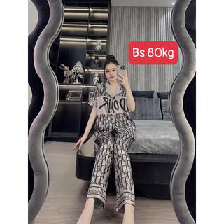 Bộ đồ ngủ mặc nhà áo tay cộc quần dài chất lụa xước ánh kim bigsize 60-75kg - Chun's sleepwear