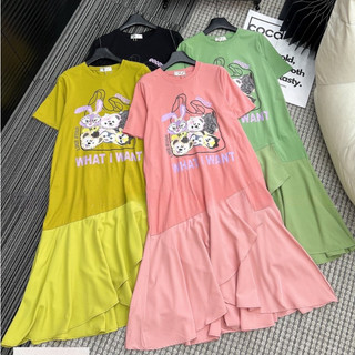 Đầm Thun Cotton Nữ Kiểu Dáng Xoè Phối Chân Váy Đuôi Lụa Co Gãn Cổ Tròn Họa Tiết Hình Thời Trang - Nhím Xù Shop