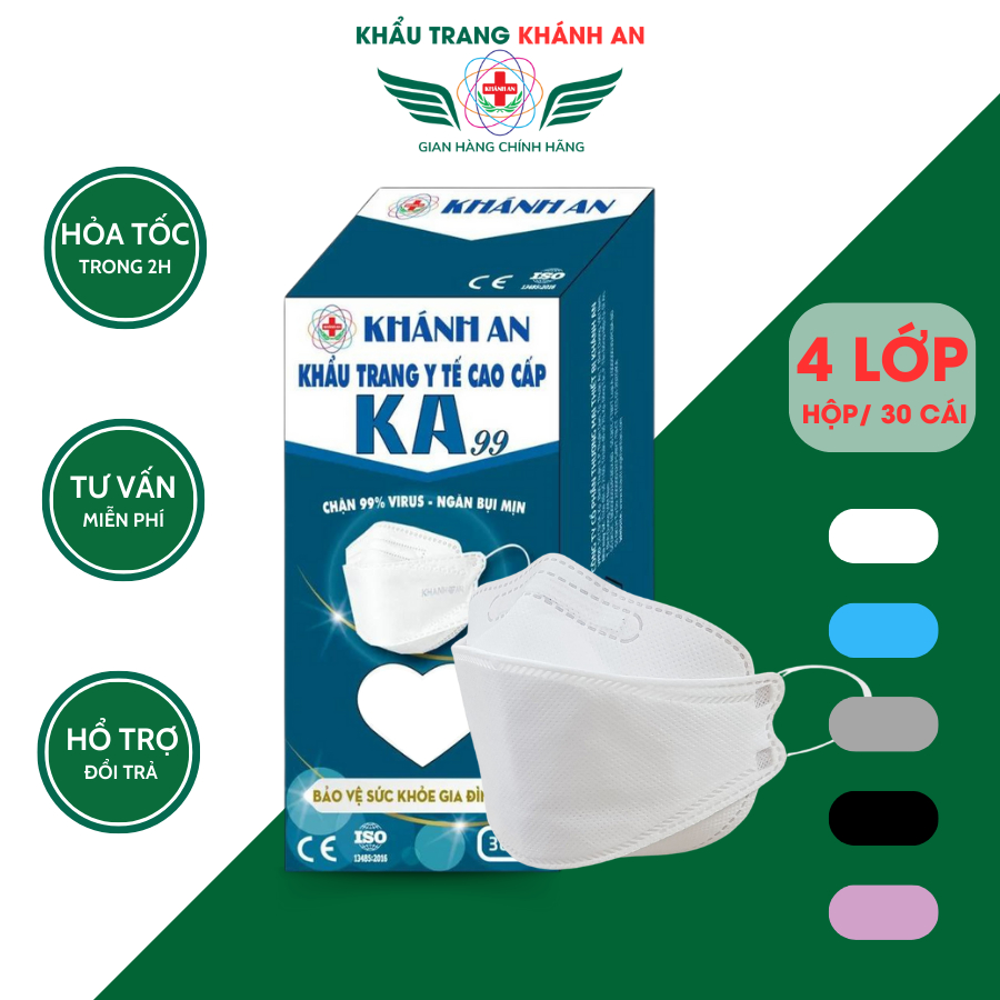 Khẩu trang 4d kf94 cao cấp Khánh An 4 lớp kháng khuẩn KA99 hộp 30 cái ngăn chặn bụi mịn hiệu quả KAK99O