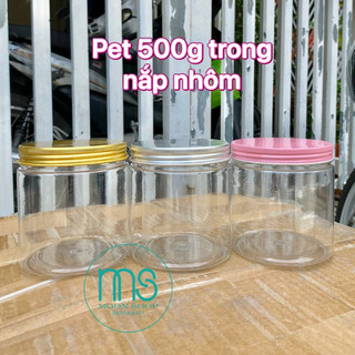 Hủ pet trong 500g nắp nhôm hồng,vàng,bạc