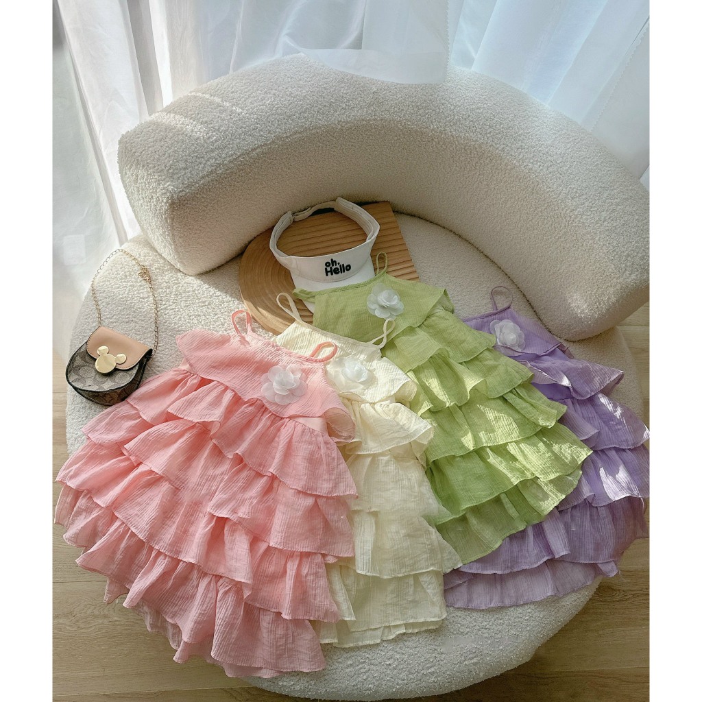 (8-20kg) Váy Đầm Bé Gái Thiết Kế 2 Dây 5 Tầng Đính Hoa Cao Cấp Chất Tơ Đũi Mềm Mát Cho Bé Yêu Mùa Hè Đi Chơi Du Lịch