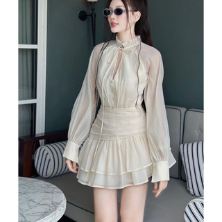 ( Hàng L1 Chuẩn Ảnh ) Đầm Váy Tay Dài Khoét Ngực Nhẹ Cột Dây Mix Chân Váy Xoè Tầng Nhún Phối Bèo Dịu Dàng Nữ Tính