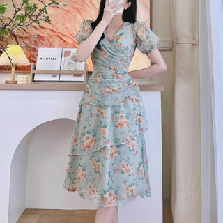 Váy đầm thiết kế đi làm đi chơi dự tiệc cổ V chiết eo hoa nhí voan tơ siêu xinh M4