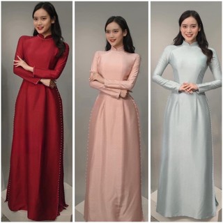 Áo dài lụa vân gỗ hai màu hồng,xanh hai tà áo dài cưới - Áo dài An