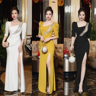 Đầm dạ hội thiết kế xẻ ngực xéo kết đá pha lê cao cấp- TẶNG HOA TAI