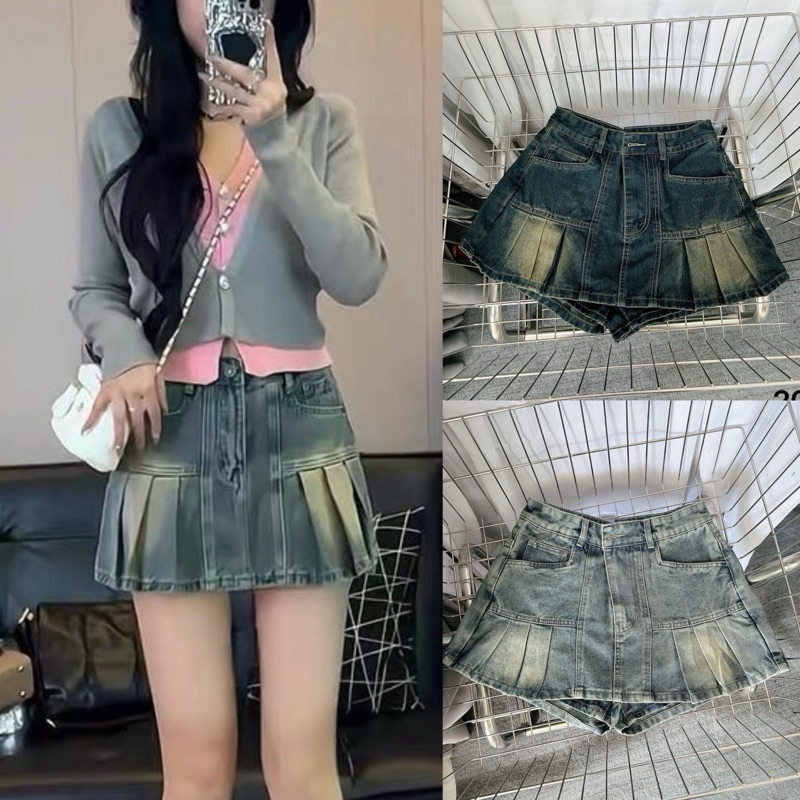 Quần Giả Váy Jean Bigsize 55-85kg Lưng Cao Phối Xếp Ly, Chân Váy Jean Bigsize Ms2037N