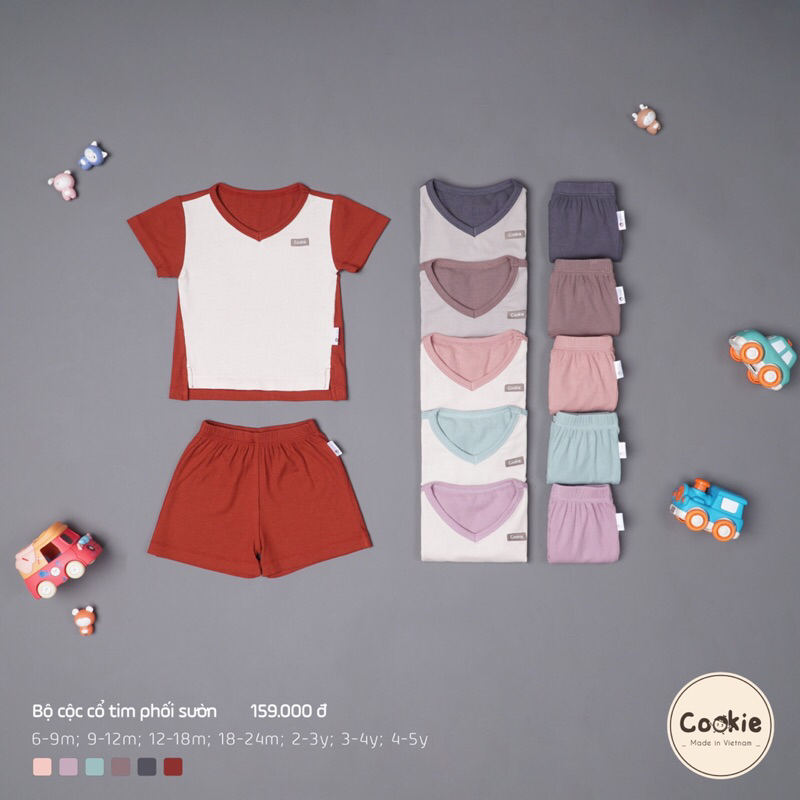 COOKIE Bộ cộc cổ tim phối sườn cho bé trái bé gái hãng Cookie