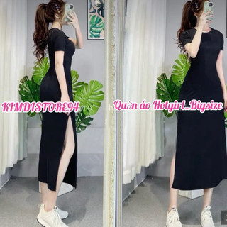 tl. đầm xoè dài đen thun xẻ tà dưới 55kg dài 100cm