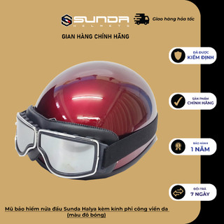 Mũ bảo hiểm nửa đầu Sunda Halya kèm kính phi công viền da - màu đô bóng