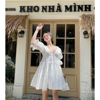Đầm BBD trắng cổ V tùng xòe tay phồng đi biển du lịch NÀNG CLOSET
