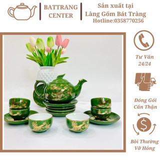 (7 MẪU)Bộ Ấm Chén Pha Trà Bát Tràng-men Xanh Rêu vẽ vàng kim TBXG,Phúc-Lộc-Thọ-dáng ấm Phượng